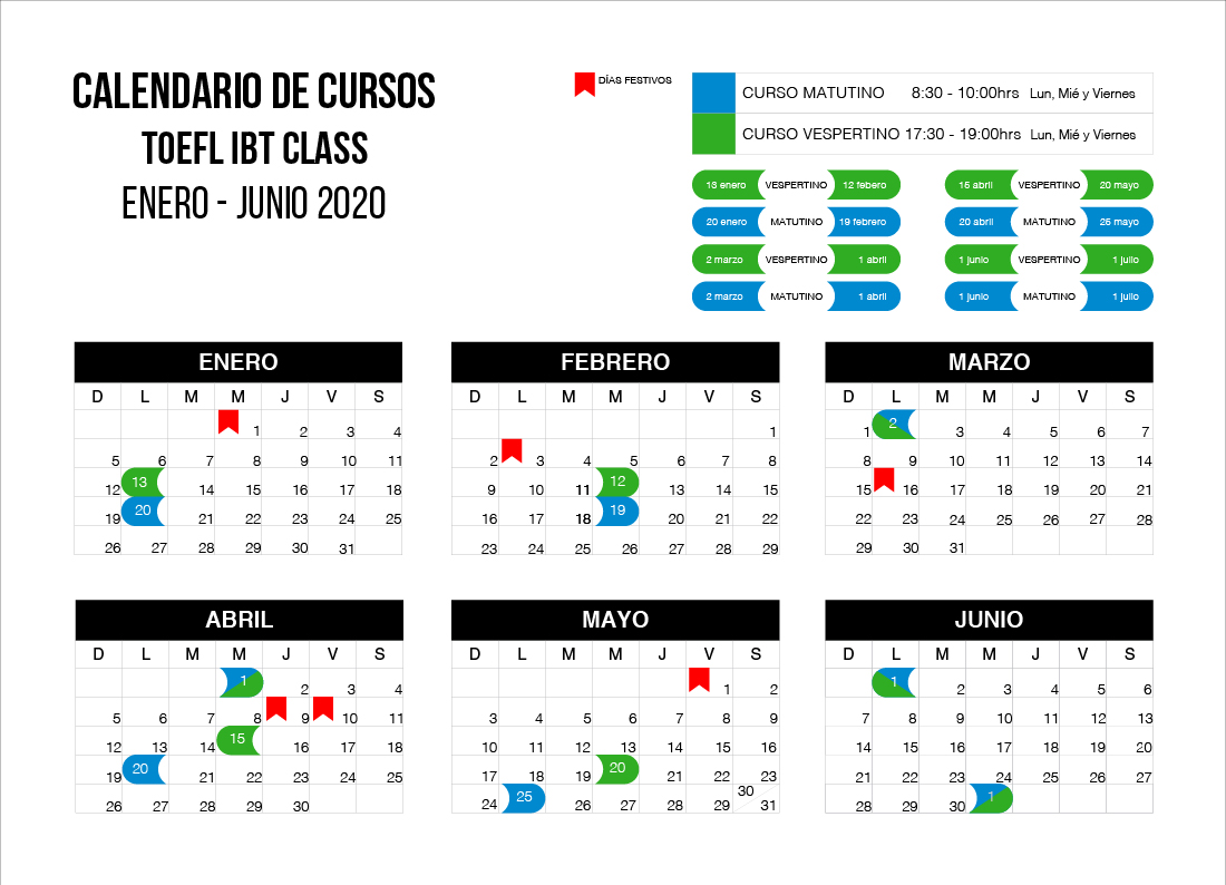 calendario cursos TOEFL IBT 2020